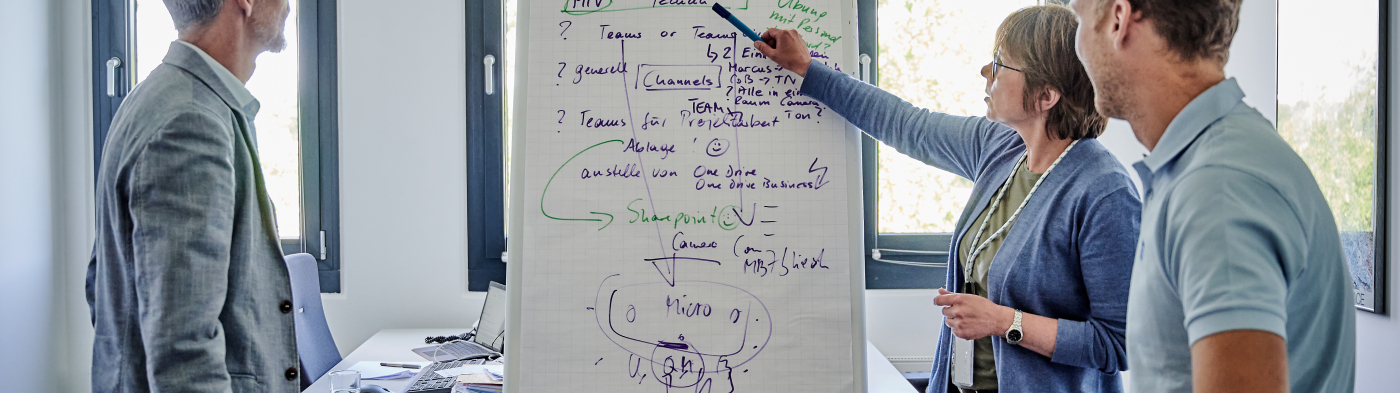 A group of people on a flipchart